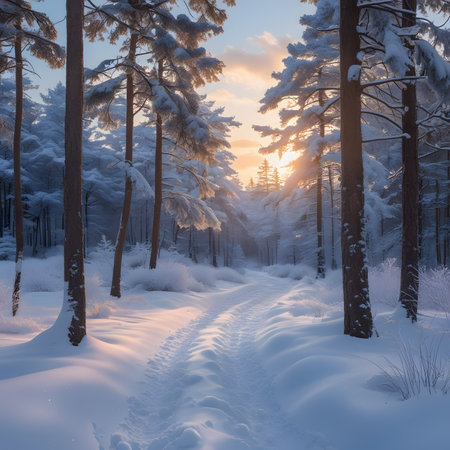Beautiful winter landscape with snow covered trees in the forest at sunsetの素材