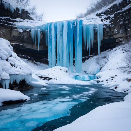 Winter landscape with frozen waterfall and blue ice in the river. Toned.の素材