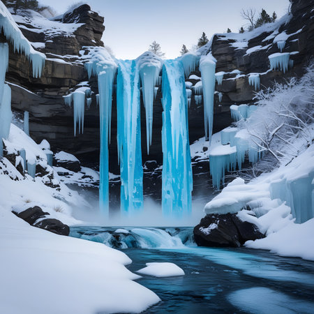 Frozen waterfall in winter forest with blue icicles and snow.の素材
