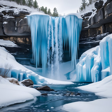 Frozen waterfall in winter forest with blue icicles and rocks.の素材