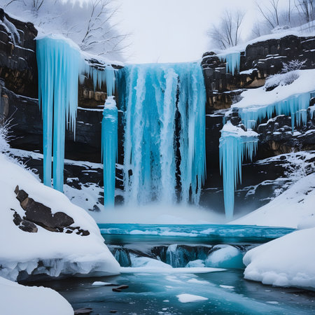 Frozen waterfall with icicles and snow in a winter forest.の素材