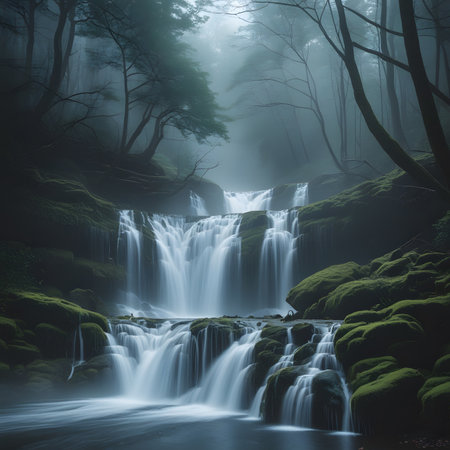Beautiful waterfall in the forest with foggy background and copy spaceの素材