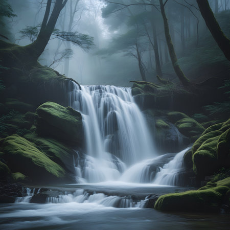 Beautiful waterfall in misty forest. Long exposure shot. Long exposure.の素材