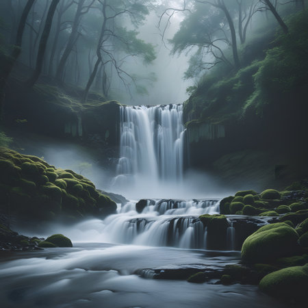 Beautiful long exposure of a waterfall in a misty forest.の素材