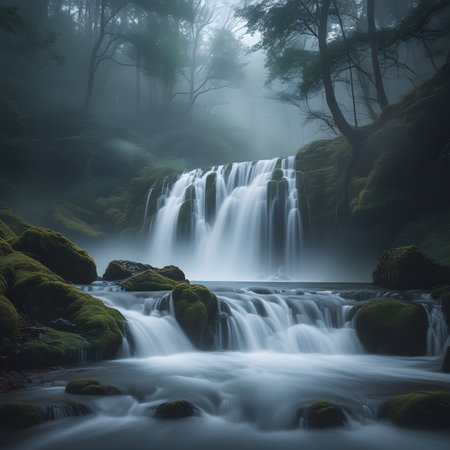 Beautiful long exposure image of a waterfall flowing through a misty forestの素材