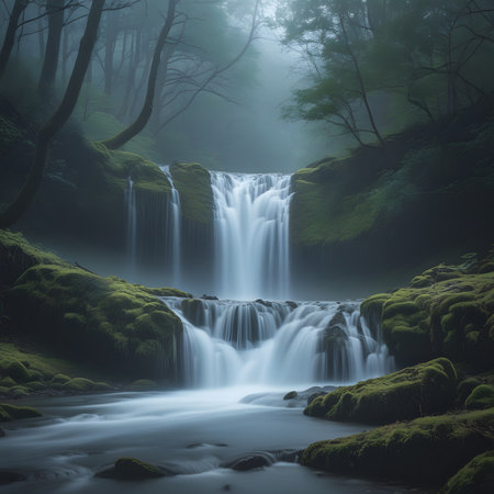 Beautiful waterfall in the deep forest with fog. Long exposure.の素材