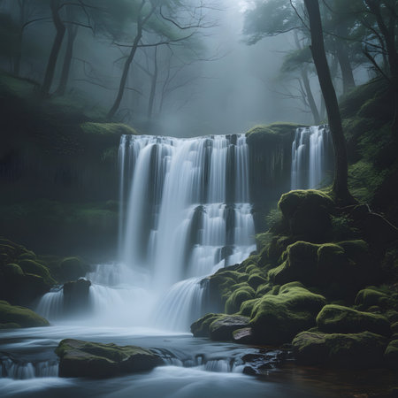 Beautiful long exposure image of a waterfall in a misty forestの素材
