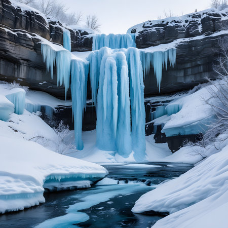 Frozen waterfall in winter with blue icicles and snowdriftsの素材