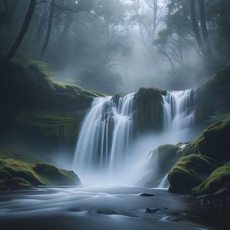 Beautiful waterfall in the forest with mist and fog, long exposureの素材