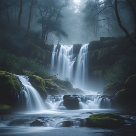 Beautiful waterfall in the forest at night with fog, long exposureの素材