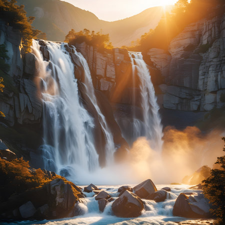 Yosemite Falls at sunrise, Yosemite National Park, California, USAの素材