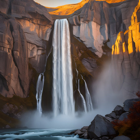 Seljalandsfoss waterfall at sunrise, Iceland, Europeの素材