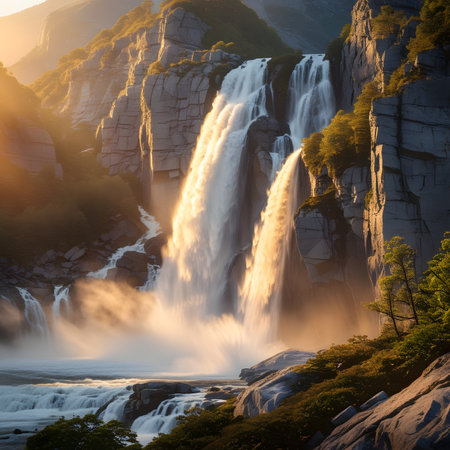 Waterfall at sunset, Milford Sound, South Island, New Zealandの素材