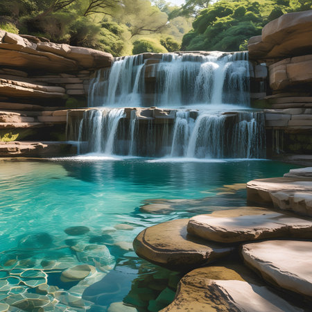 Beautiful waterfall in the forest with clear water and rocks in the foregroundの素材
