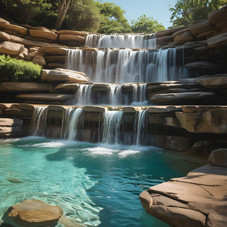 Beautiful waterfall in the park with blue water and stone wall.の素材