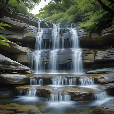 Waterfall in green forest, long exposure shot, natural landscape backgroundの素材