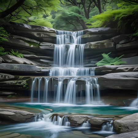 Waterfall in the forest. Beautiful nature background. Soft focus.の素材