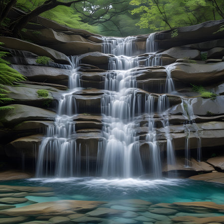Beautiful waterfall in the forest with blue water and green leaves.の素材
