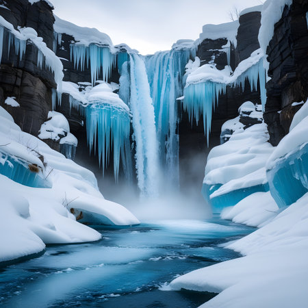 Ice waterfall in icelandic winter landscape with blue water and iciclesの素材