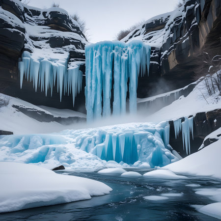 Frozen waterfall with icicles and snow in winter, Iceland.の素材