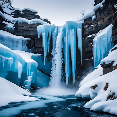 Frozen waterfall in winter with ice and snow. Blue tonedの素材