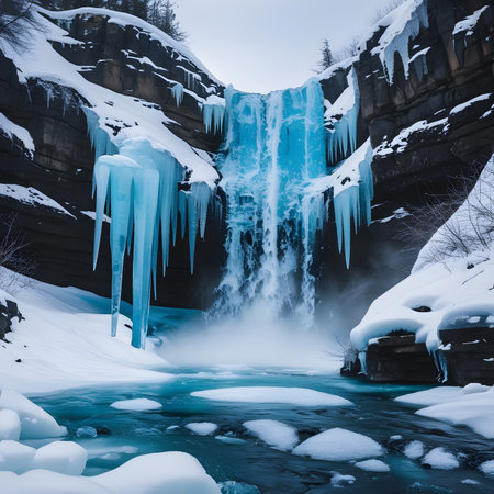 Frozen waterfall in winter forest. Beautiful winter landscape with frozen waterfall.の素材