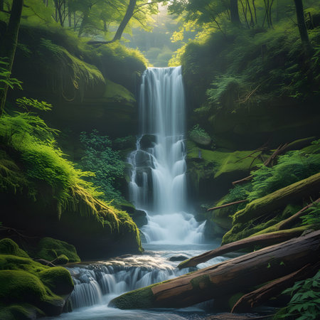 Beautiful waterfall in the green forest. Long exposure photo. Toned.の素材