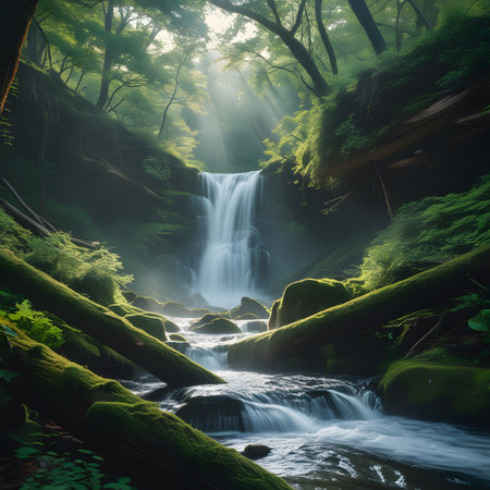 Beautiful waterfall in the green forest with sunbeams and fogの素材