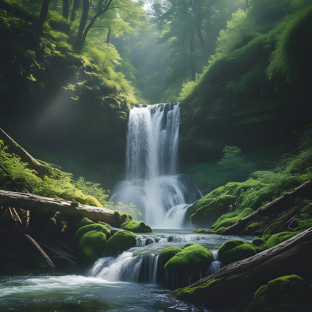 Beautiful waterfall in the green forest. Fantasy landscape with waterfall.の素材