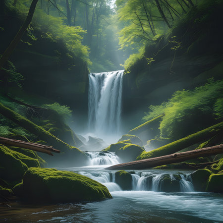Waterfall in deep forest. Nature composition. 3d rendering.の素材