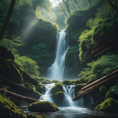 Akita Prefecture, summer waterfall in the rainforest of Japanの素材