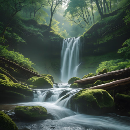 Summer waterfall in the forest. Beautiful nature landscape with a waterfall.の素材