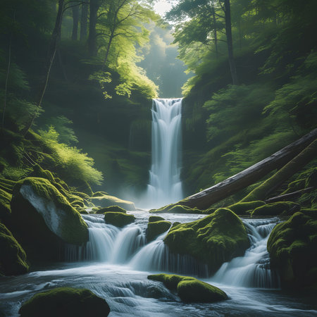 Akita Prefecture, Japan waterfall in the forest. Long exposure.の素材