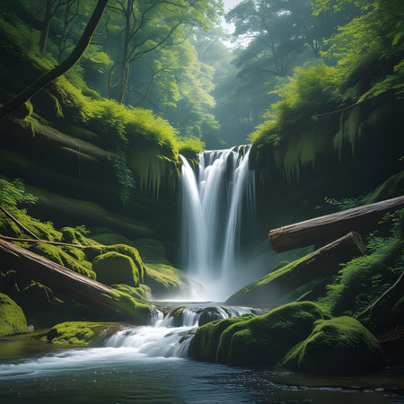 Beautiful waterfall in green forest. Nature background. 3d renderの素材