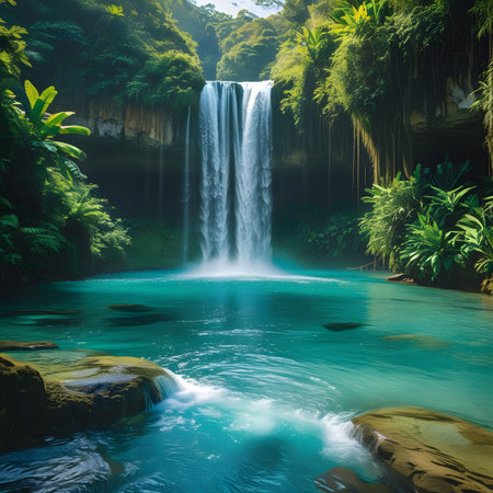 Tropical waterfall in deep forest. Nature landscape background. Thailandの素材