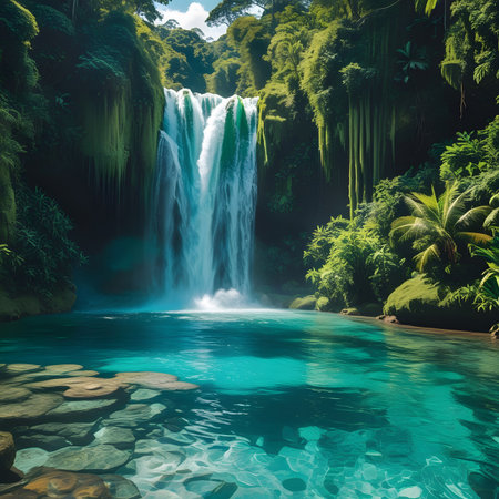 Tropical waterfall in jungle with turquoise water and stoneの素材