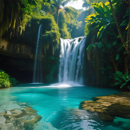 Tropical waterfall in the jungle. Beautiful waterfall in the jungle.の素材