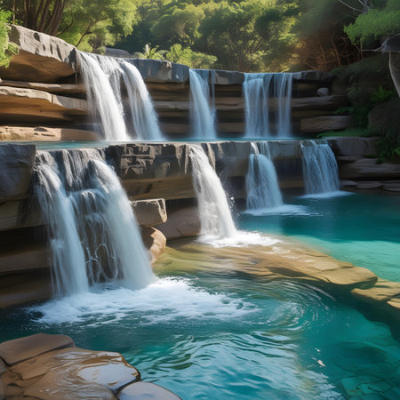 beautiful waterfall in the forest, closeup of photo with soft focusの素材