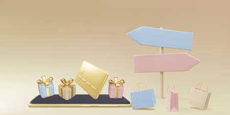 Online Mobile Shopping concept. Gifts on smartphone, directions on background for advertising,...