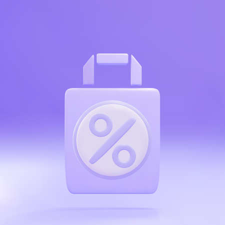 3d Lilac Shopping bag with an inscription percent discount icon isolated on lilac background. handbag sign.のイラスト素材