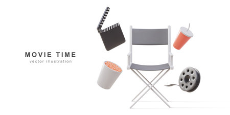 3d realistic Director Chair. drinks, snacks, film reels and clapperboard.のイラスト素材