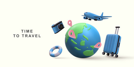3d tourism and travel concept,eath and location pin with airplane flying.のイラスト素材