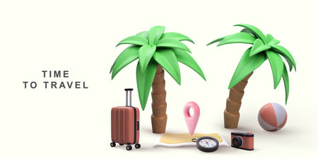 3d realistic marketing poster style with palm tree, compass, map, pointer, suitcase, camera, beach...