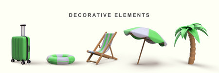 3d realistic set of decorative elements in beach chair, suitcase, camera, umbrella, palm tree, lifebuoy.のイラスト素材