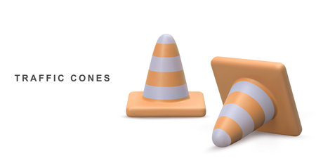 3d realistic traffic cones isolated on white background.