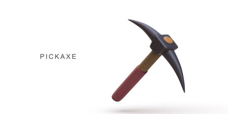 Pickaxe Tool For Mining, Construction, And Survival Projects In Minimal 3D Style With Red Handle And Black Head On White Background, Perfect For Outdoor And Adventure Concepts,のイラスト素材