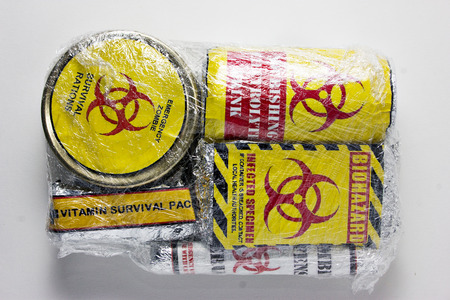 Survival pack with a biohazard symbol on the packaging.の写真素材