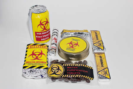 Survival pack with a biohazard symbol on the packaging.