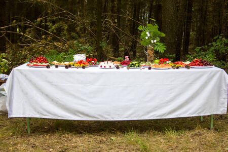 Table in the forest decorated to the birthday
