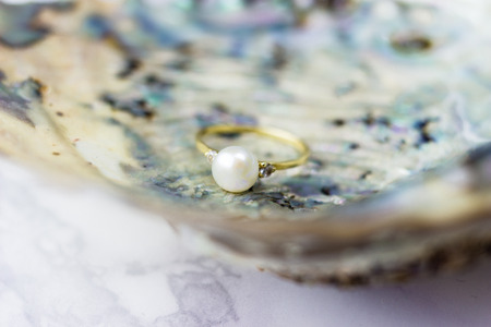 Engagement ring in a seashellの写真素材